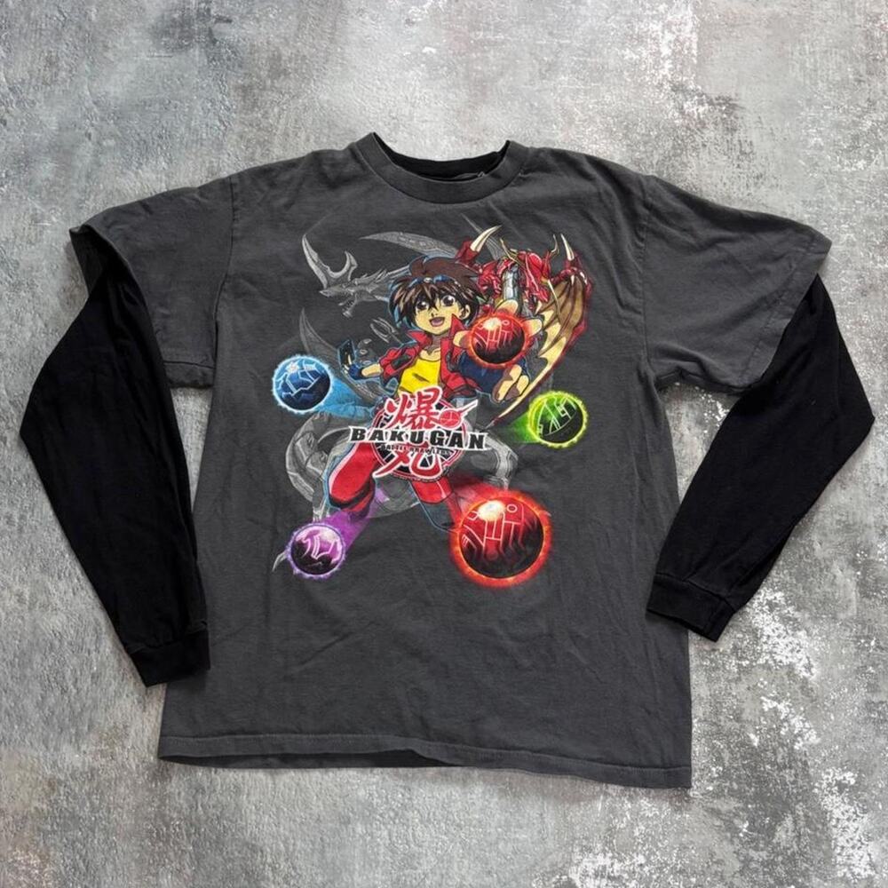 Vintage Y2K Bakugan Layered Long Sleeve Shirt. Grey & Black Size Small Anime